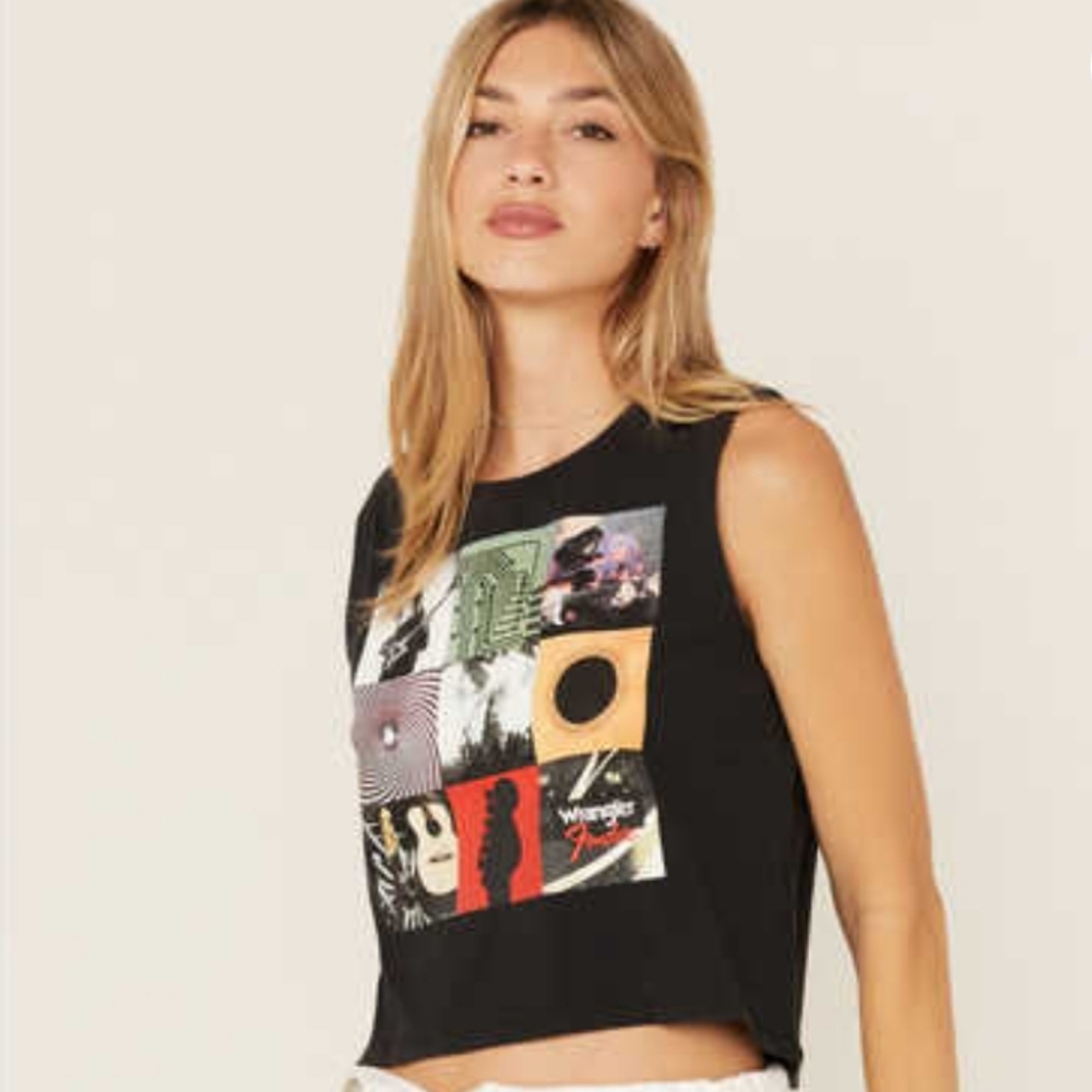 Wrangler X Fender Album Cover Women's Black Cropped Tank Top Size: Extra Small